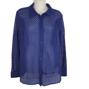 Denim & Co Shirt Womans Medium Blue Button Up Eyelets Sheer Long Sleeve A288398